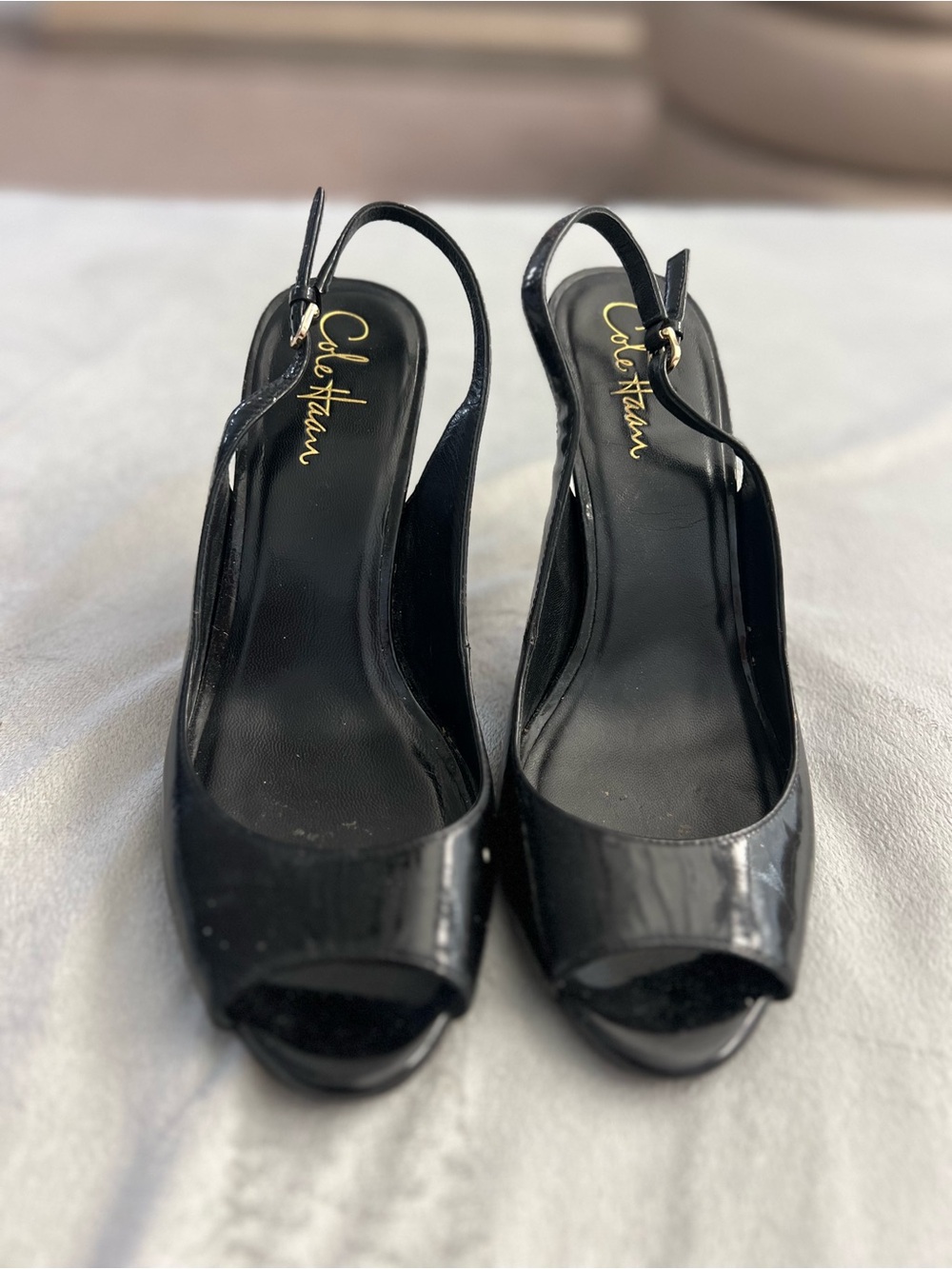 Cole Haan Black Patent Peep-Toe Slingback Heels
